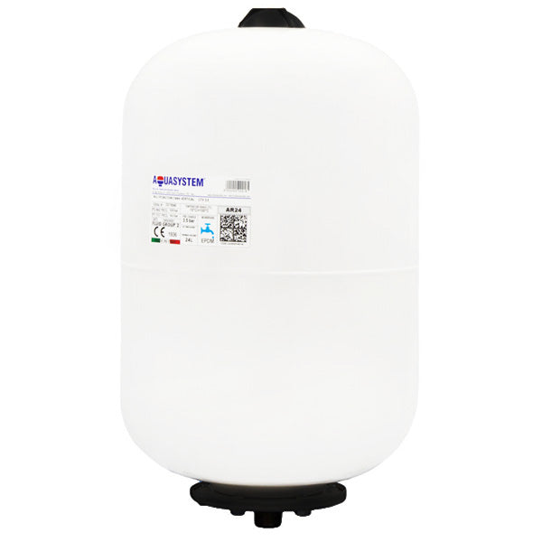 A white vertical Aquasystem expansion vessel with brand label and information, connected to a black base support.